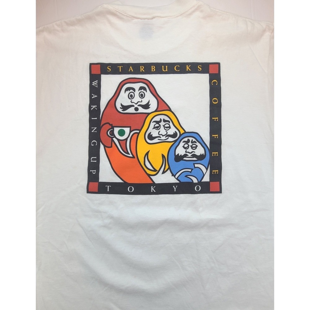 Vintage‎ Starbucks Coffee Tokyo Daruma Graphic T Shirt Mens Large White Jerzees